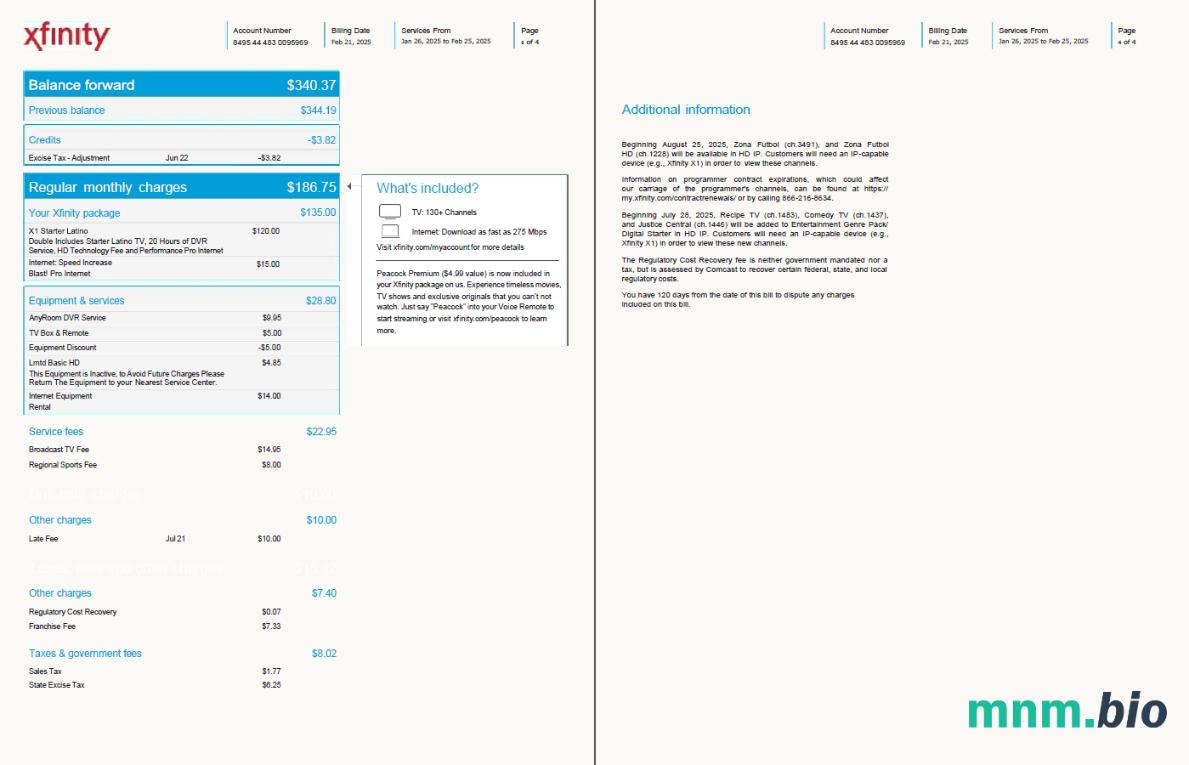 Szablon rachunku za media USA Xfinity w formatach Word i PDF, 4 strony, Wersja 2, 3-4 strony